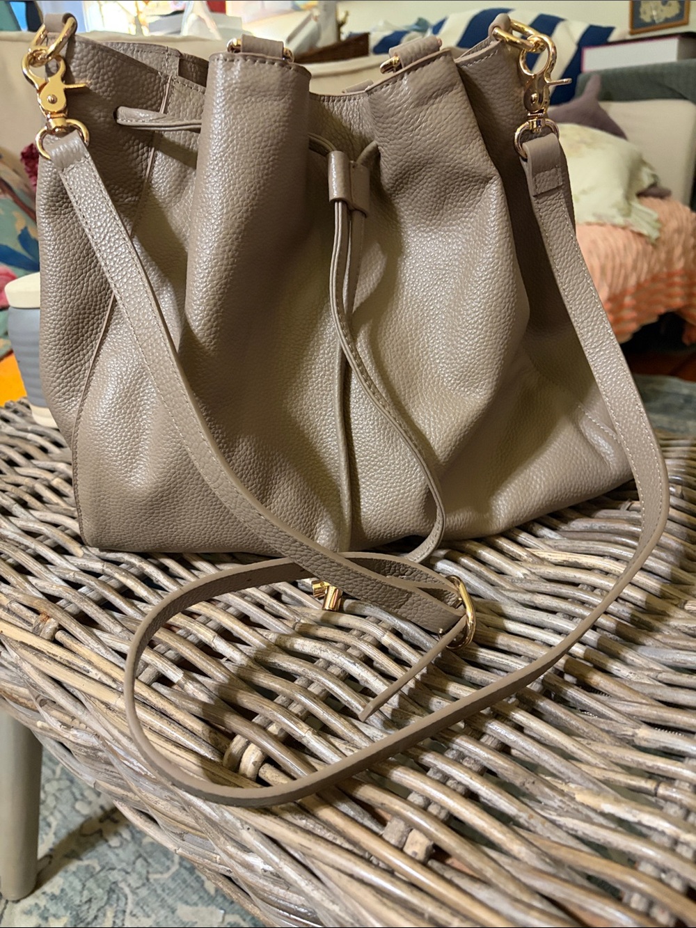 Laggo like new Pebbled Leather Drawstring Shoulder Bag in Taupe